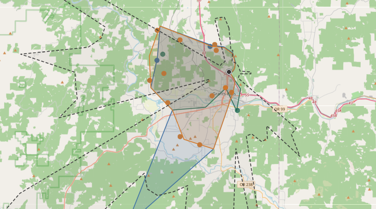 CopyCall reach map showing coverage polygons over local terrain